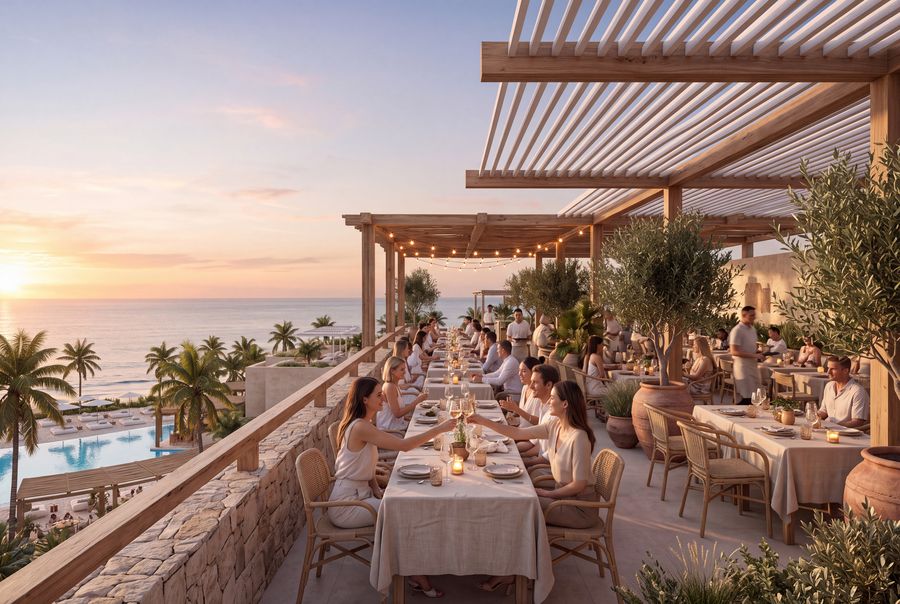 Restaurant rooftop sunset, artist's impression